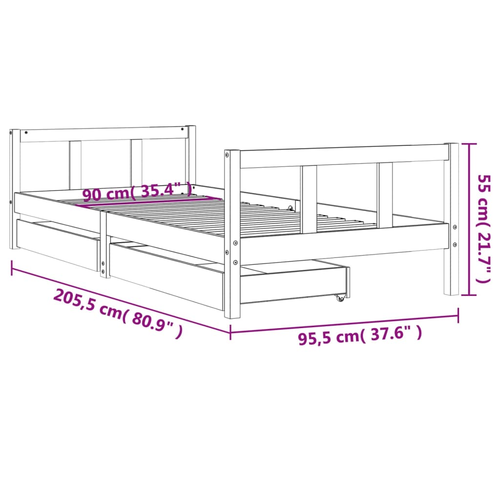 Children's bed with drawers white 90x200 cm solid pine wood