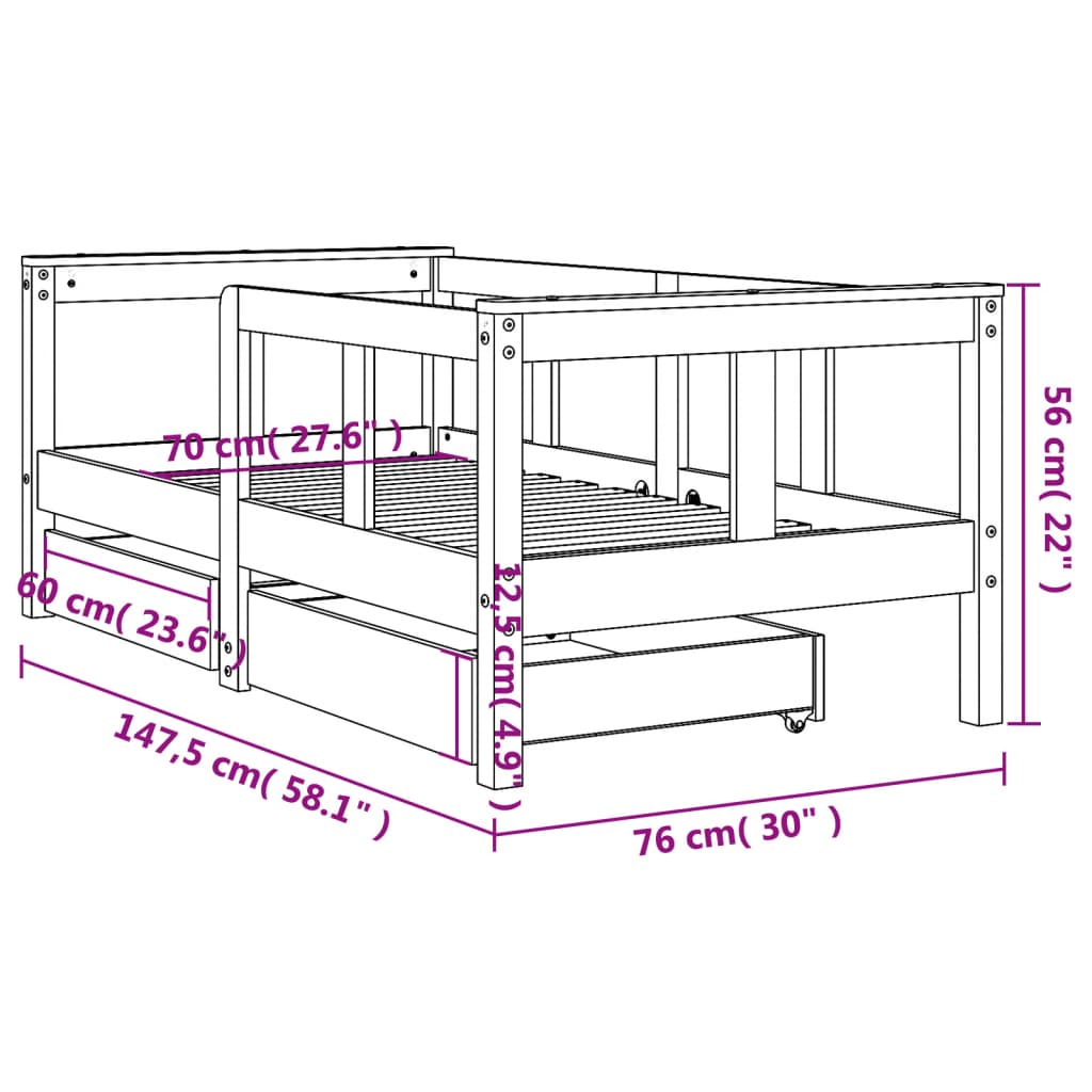 Children's bed with drawers white 70x140 cm solid pine wood