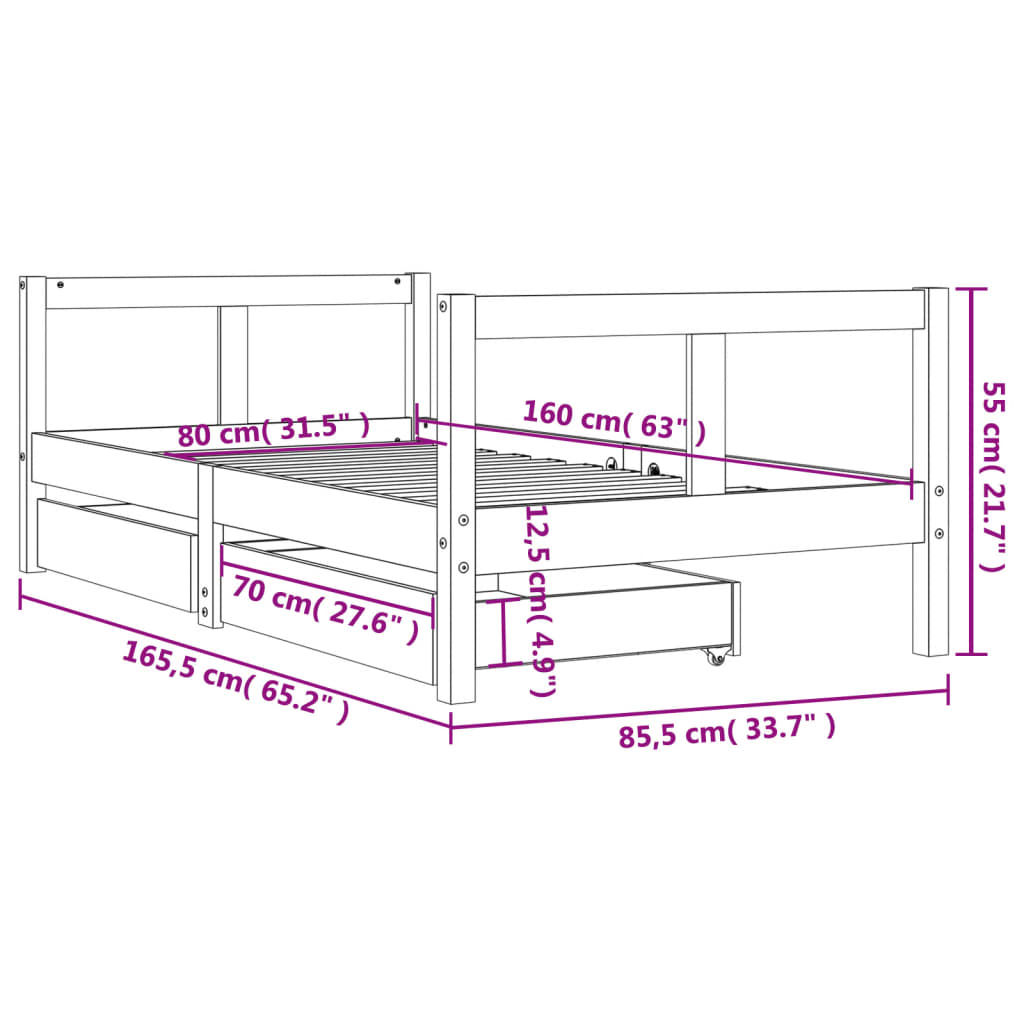 Children's bed with drawers black 80x160 cm solid pine wood