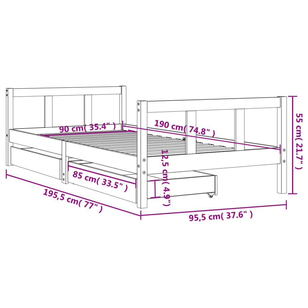 Children's bed with drawers 90x190 cm solid pine wood