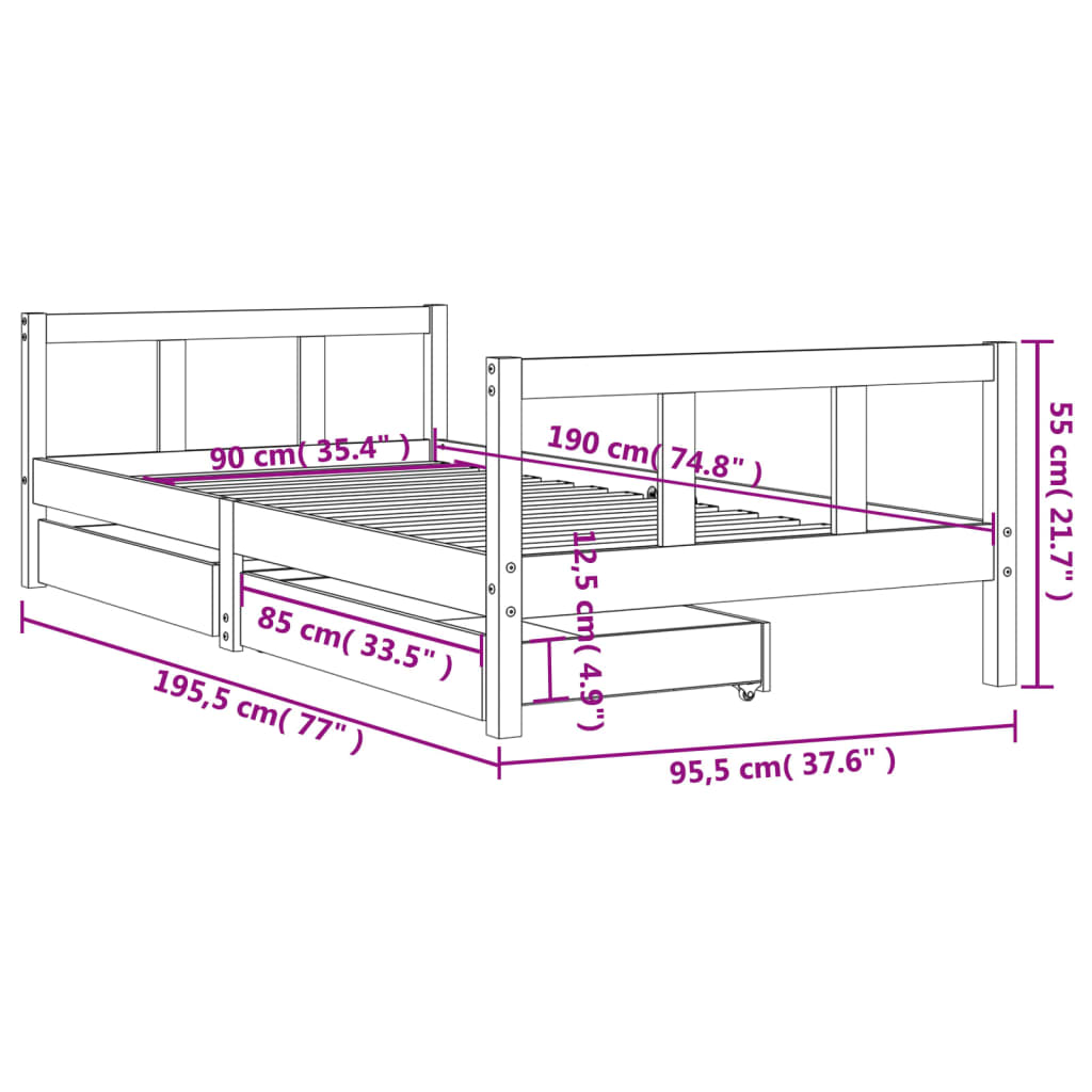 Children's bed with drawers white 90x190 cm solid pine wood