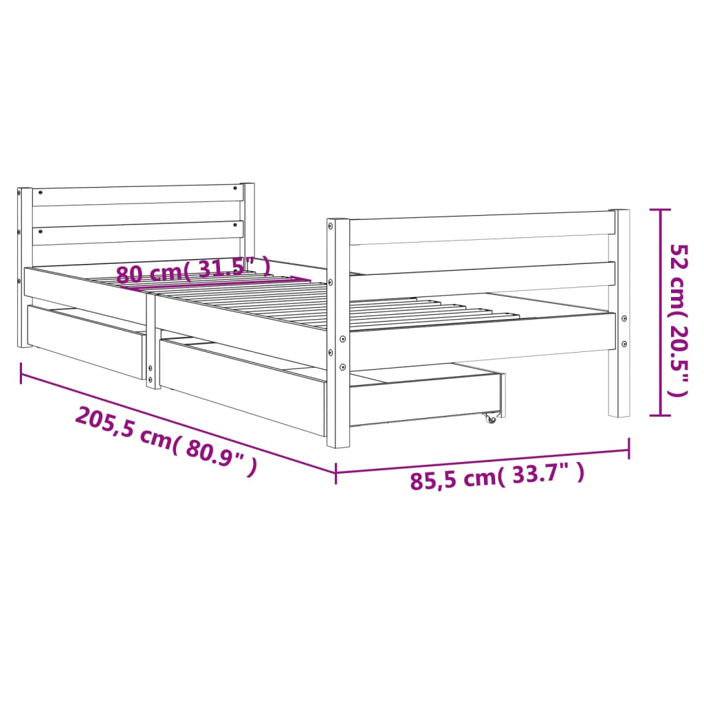 Children's bed with drawers black 80x200 cm solid pine wood