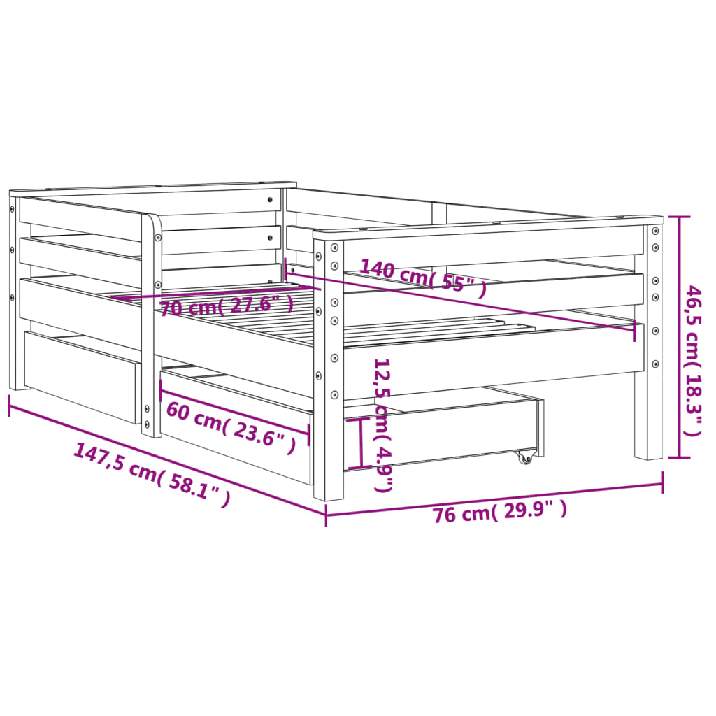 Children's bed with drawers 70x140 cm solid pine wood