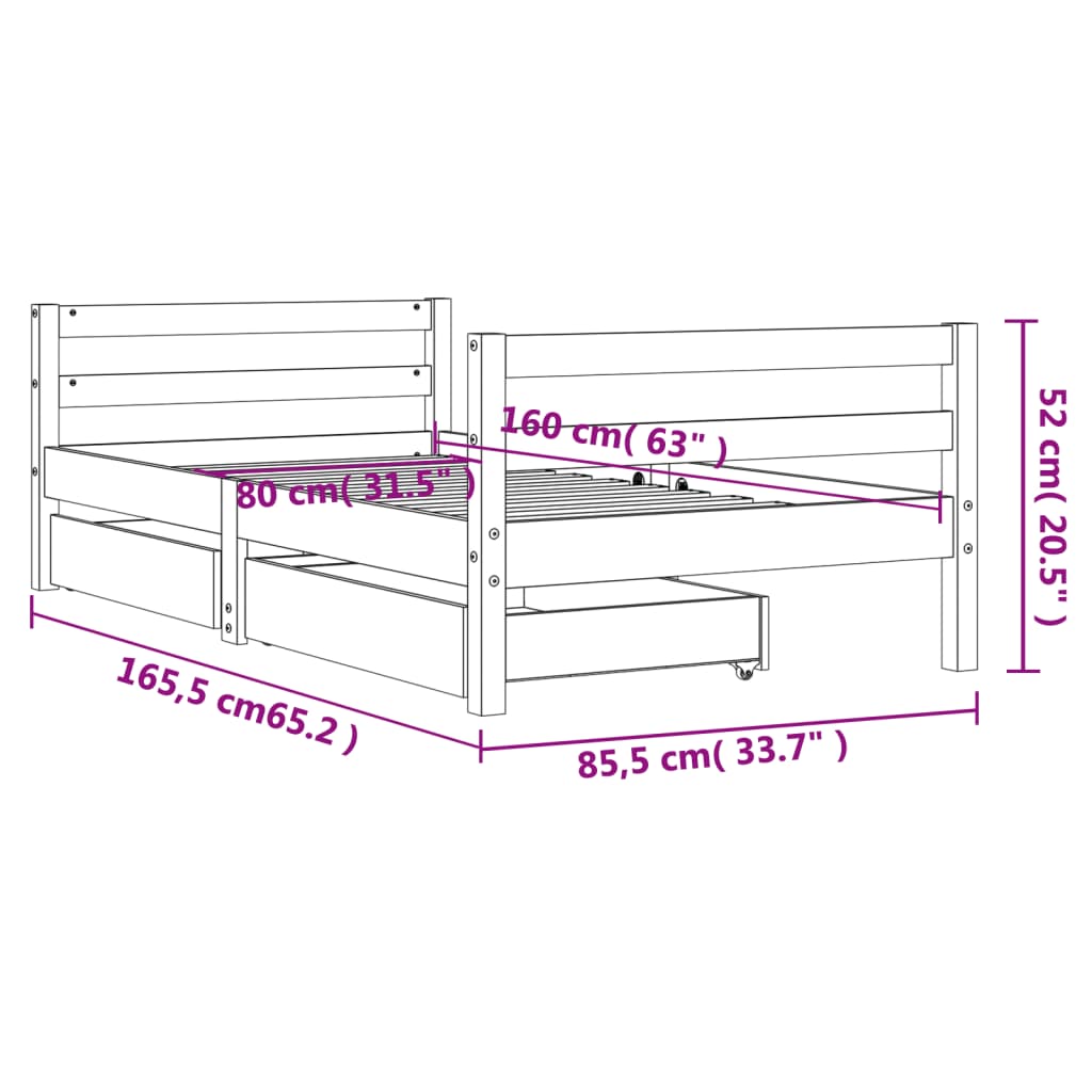 Children's bed with drawers 80x160 cm solid pine wood