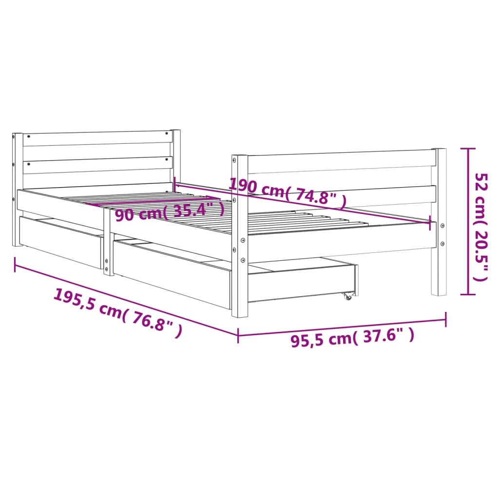 Children's bed with drawers black 90x190 cm solid pine wood