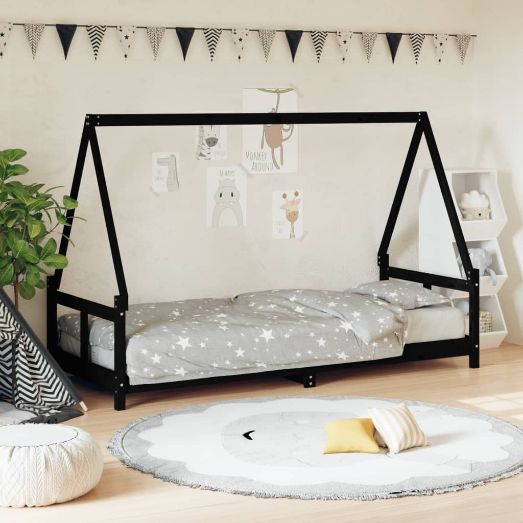 Children's bed black 80x200 cm solid pine wood