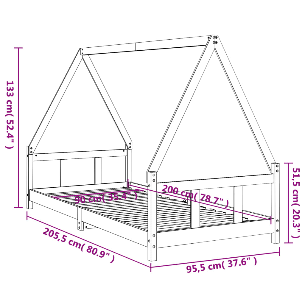 Children's bed black 90x200 cm solid pine wood