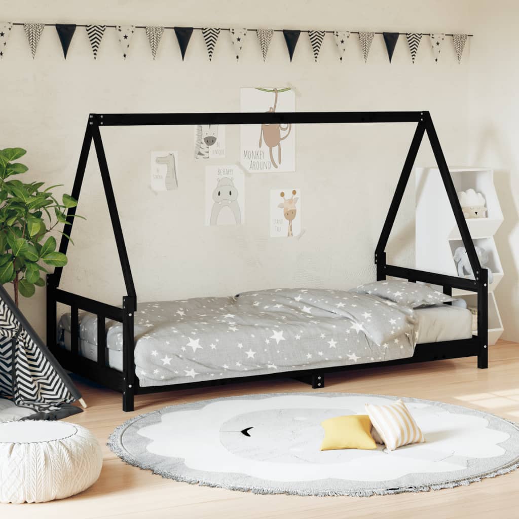 Children's bed black 90x200 cm solid pine wood