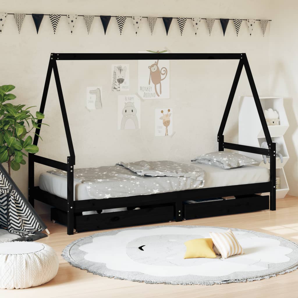 Children's bed with drawers black 80x200 cm solid pine wood