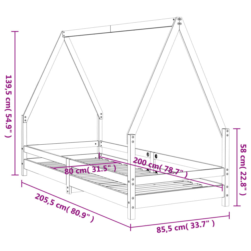 Children's bed black 80x200 cm solid pine wood