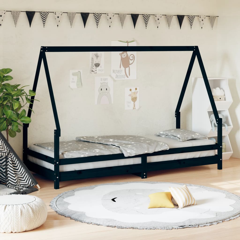 Children's bed black 80x200 cm solid pine wood