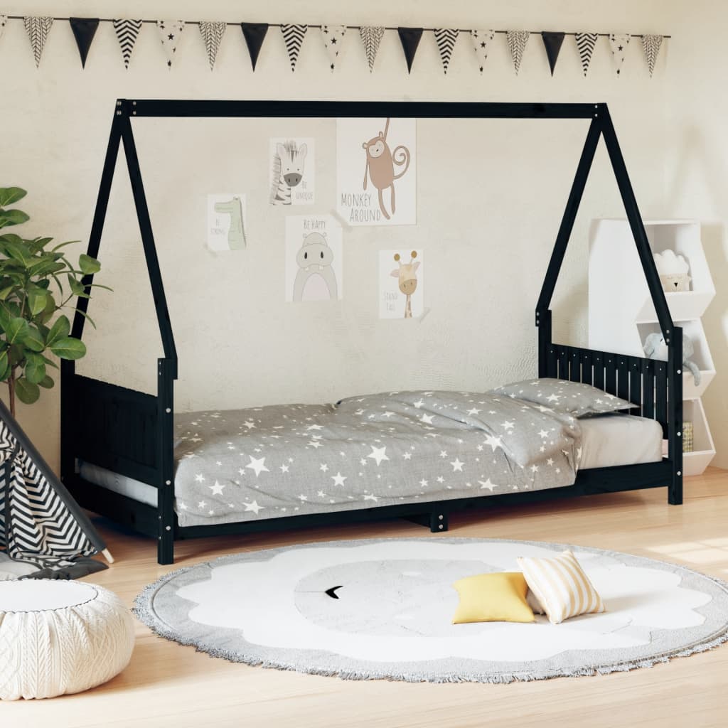 Children's bed black 80x200 cm solid pine wood