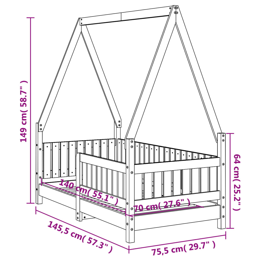 Children's bed white 70x140 cm solid pine wood