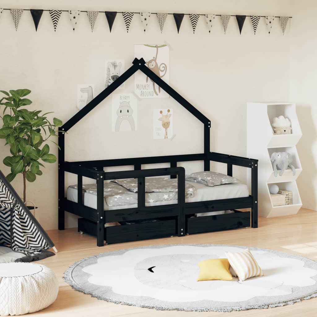 Children's bed with drawers black 70x140 cm solid pine wood