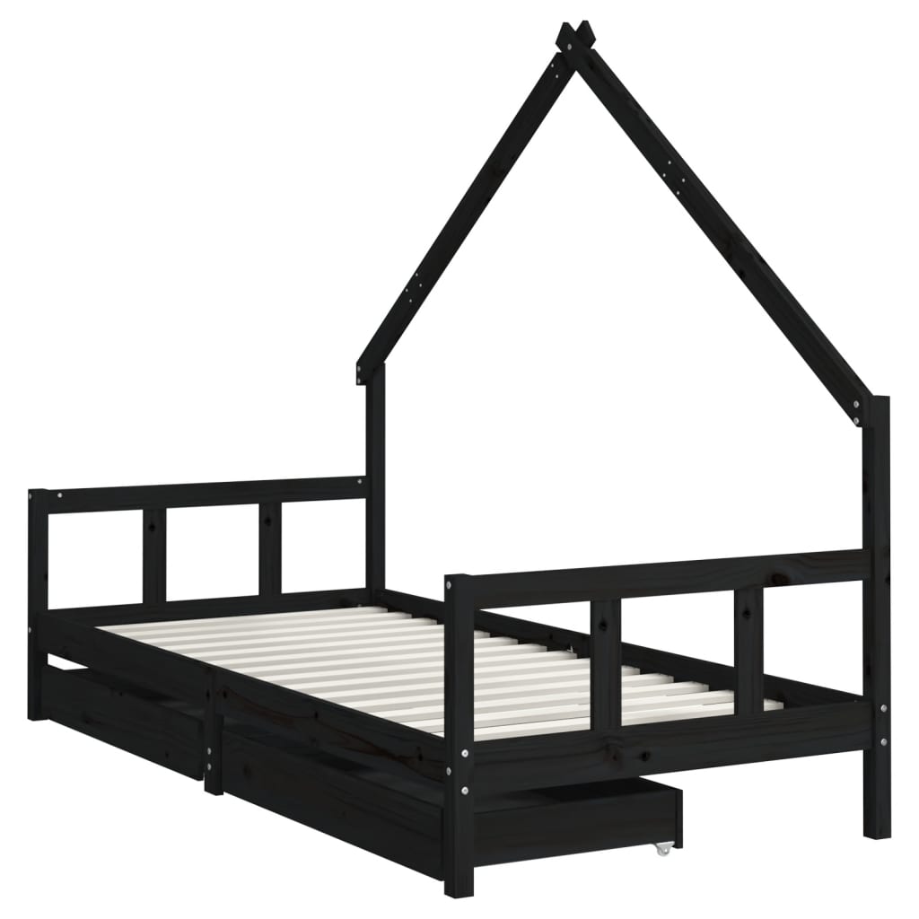 Children's bed with drawers black 90x190 cm solid pine wood