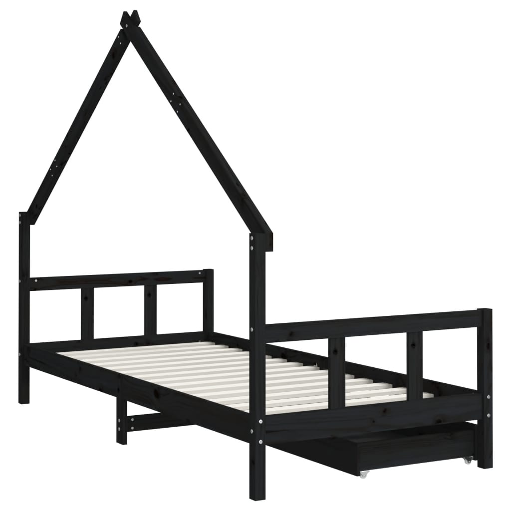 Children's bed with drawers black 90x190 cm solid pine wood