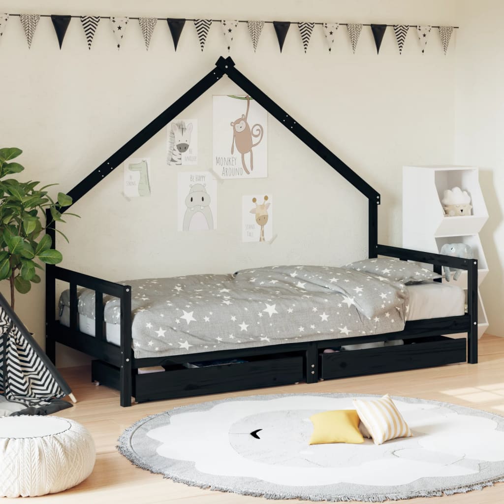 Children's bed with drawers black 90x190 cm solid pine wood