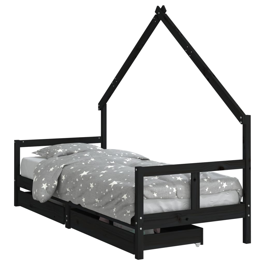 Children's bed with drawers black 80x200 cm solid pine wood