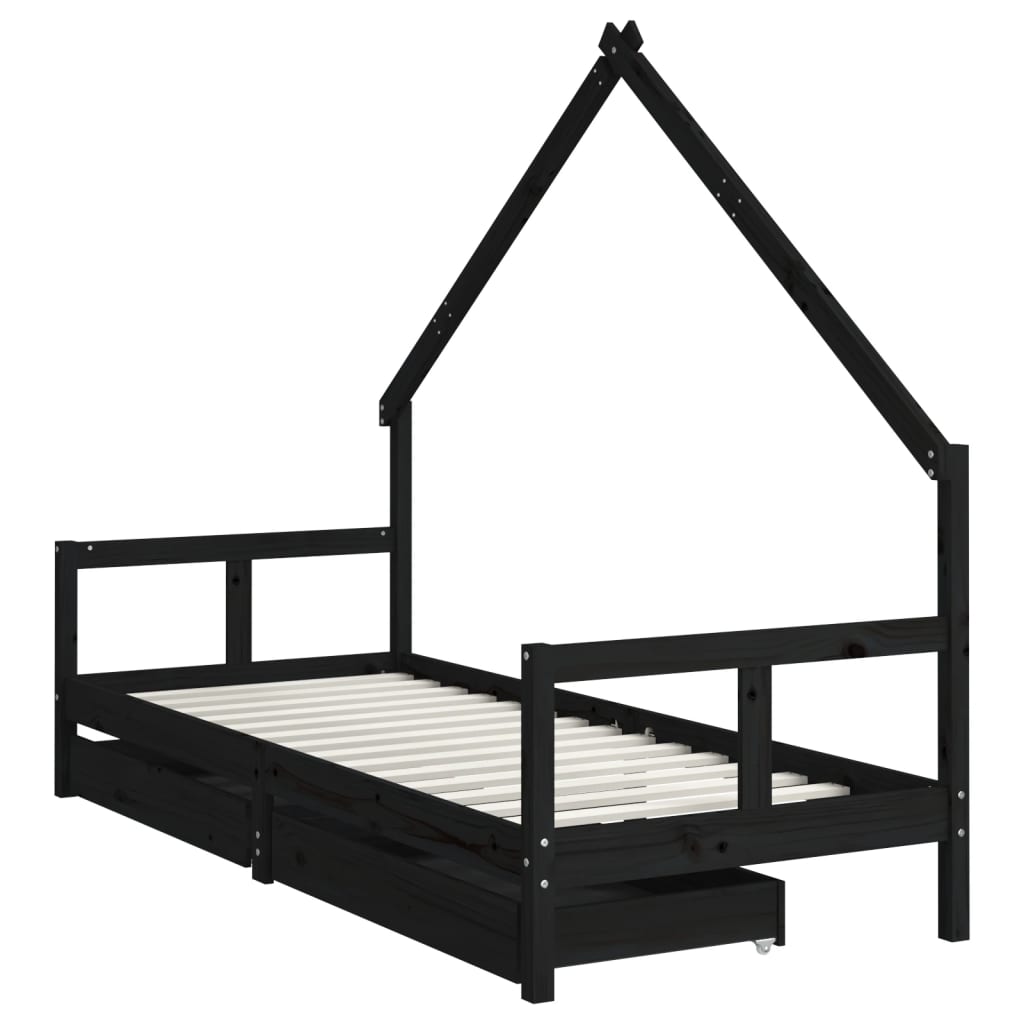 Children's bed with drawers black 80x200 cm solid pine wood