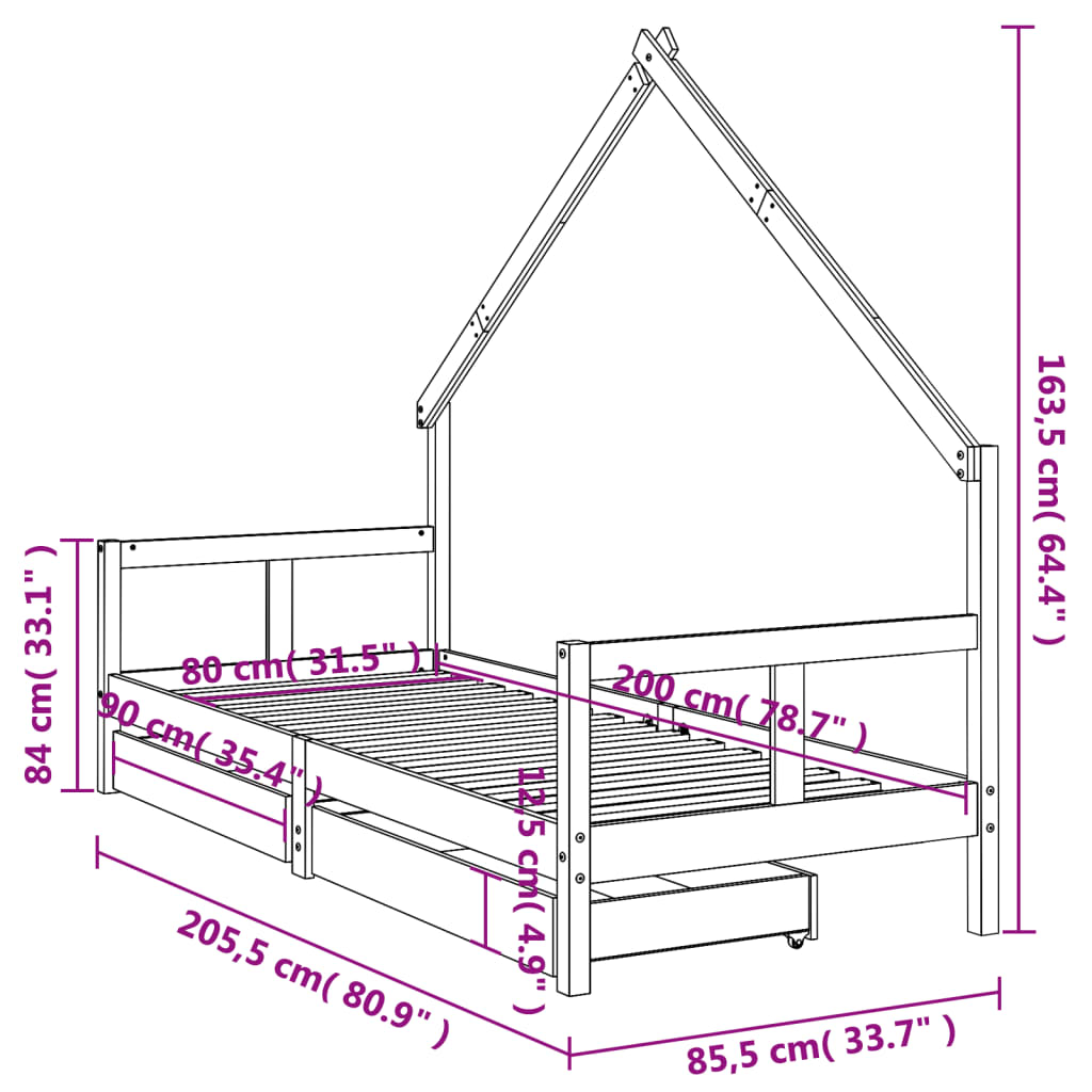 Children's bed with drawers black 80x200 cm solid pine wood