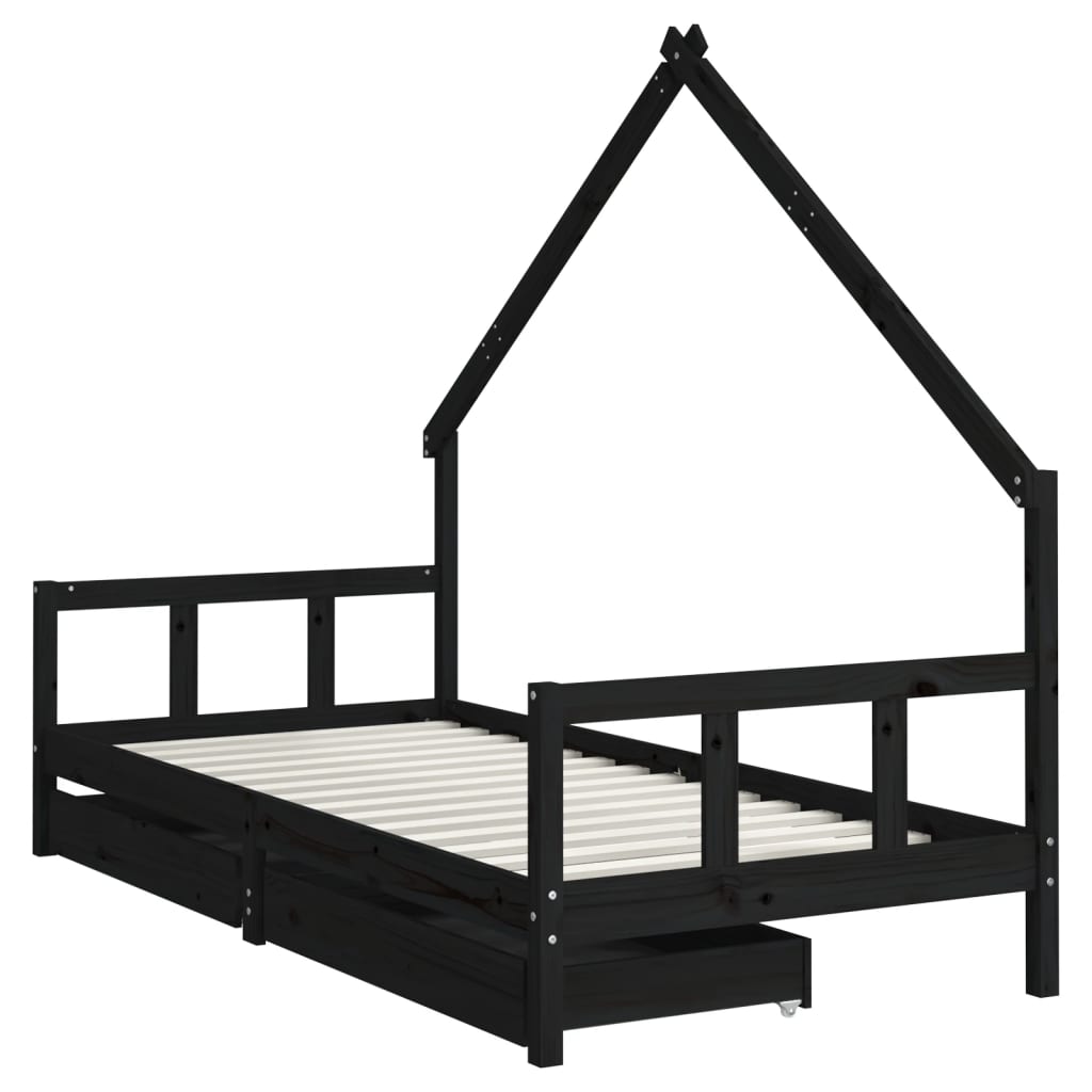 Children's bed with drawers black 90x200 cm solid pine wood