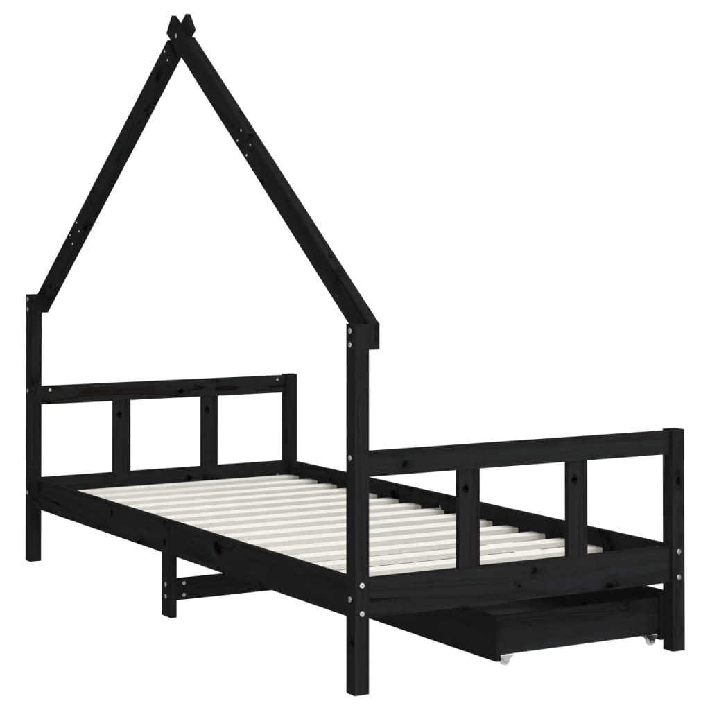 Children's bed with drawers black 90x200 cm solid pine wood