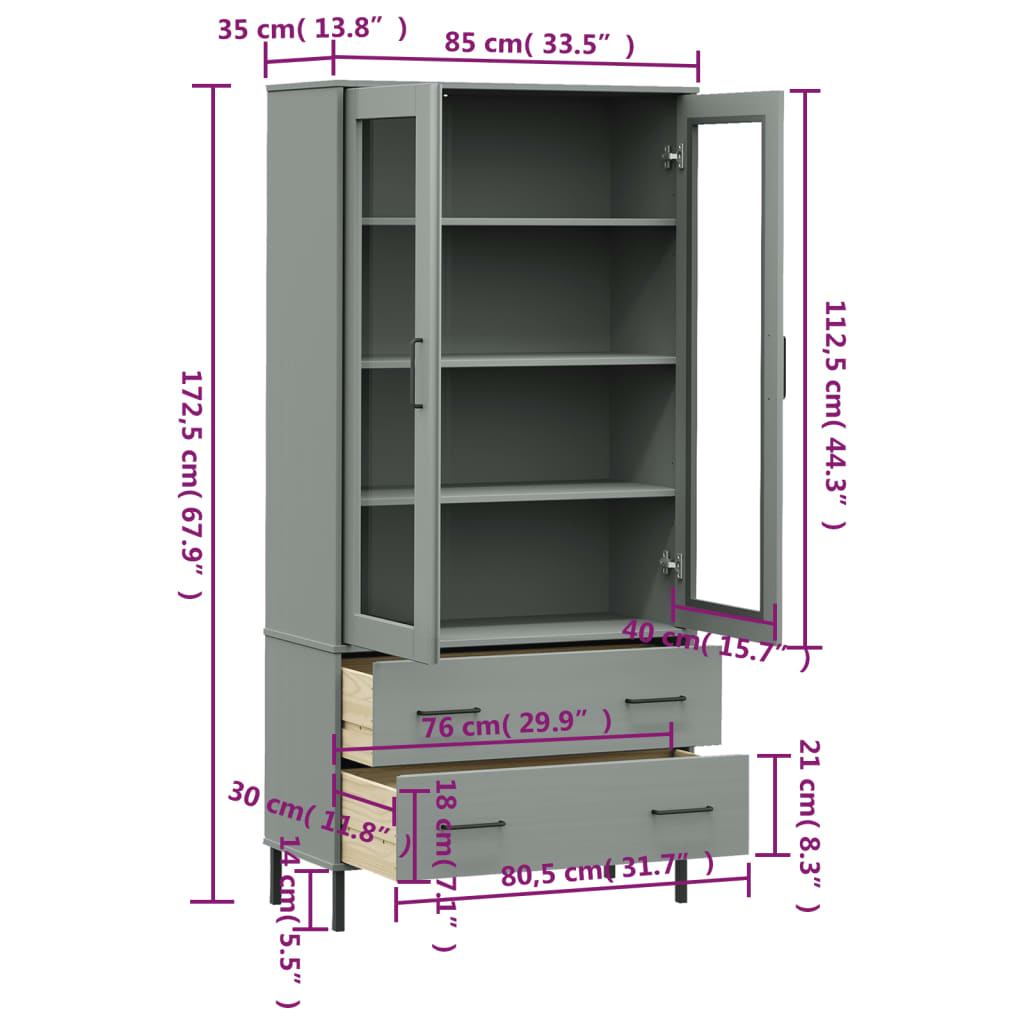 Bücherschrank OSLO Metallbeine Grau 85x35x172,5 cm Massivholz