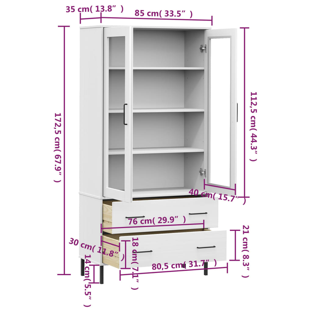 Bücherschrank OSLO Metallbeine Weiß 85x35x172,5 cm Massivholz