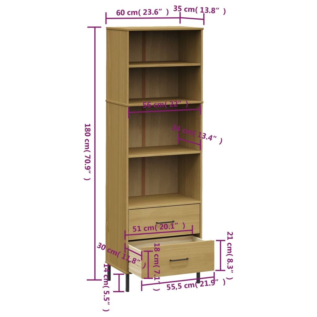 Bücherregal OSLO mit 2 Schubladen Braun 60x35x180 cm Massivholz