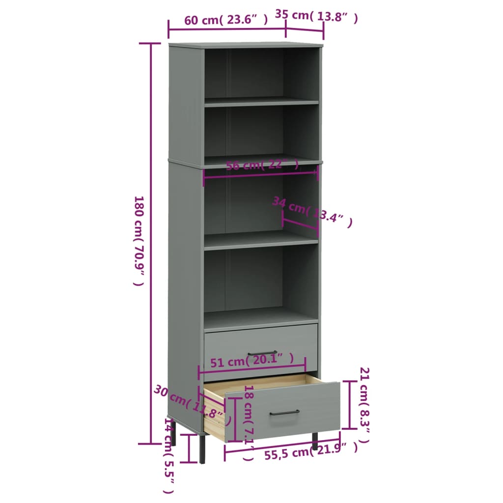 Bücherregal OSLO mit 2 Schubladen Grau 60x35x180 cm Massivholz