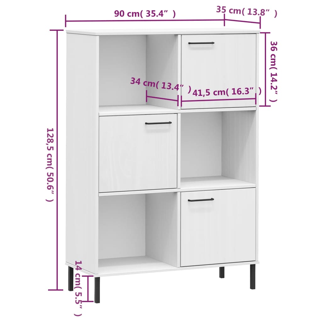 Bücherregal OSLO mit Metallbeinen Weiß 90x35x128,5cm Massivholz