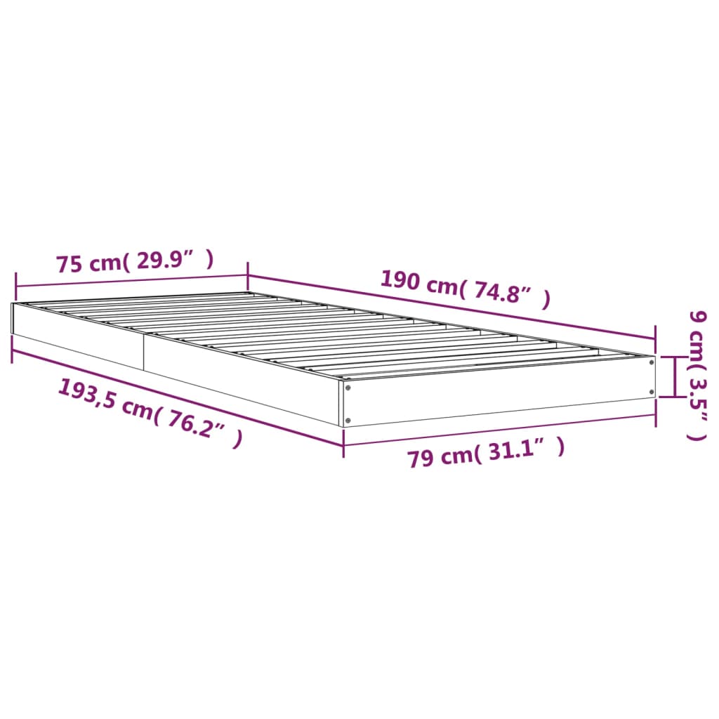 Solid wood bed gray 75x190 cm pine