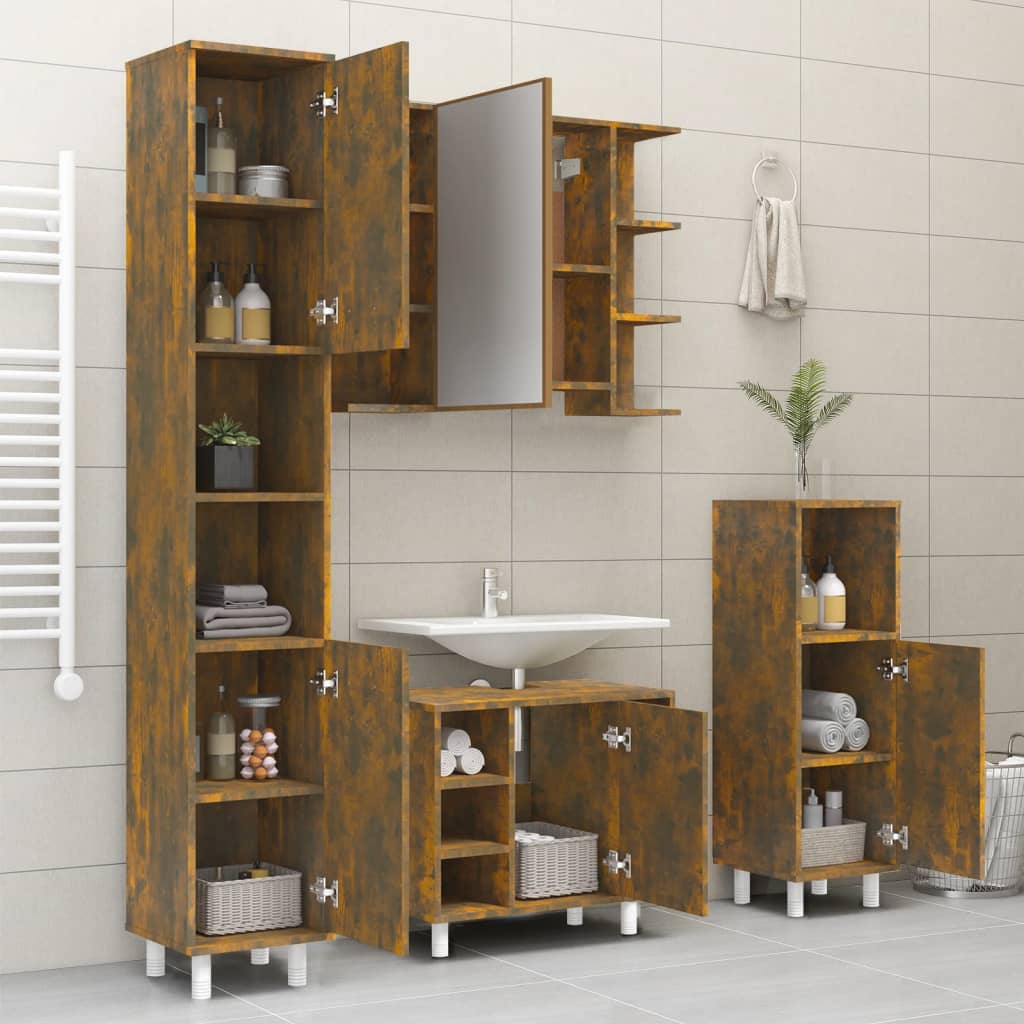 Bathroom Cabinet Smoked Oak 30x30x179 cm Wood Material