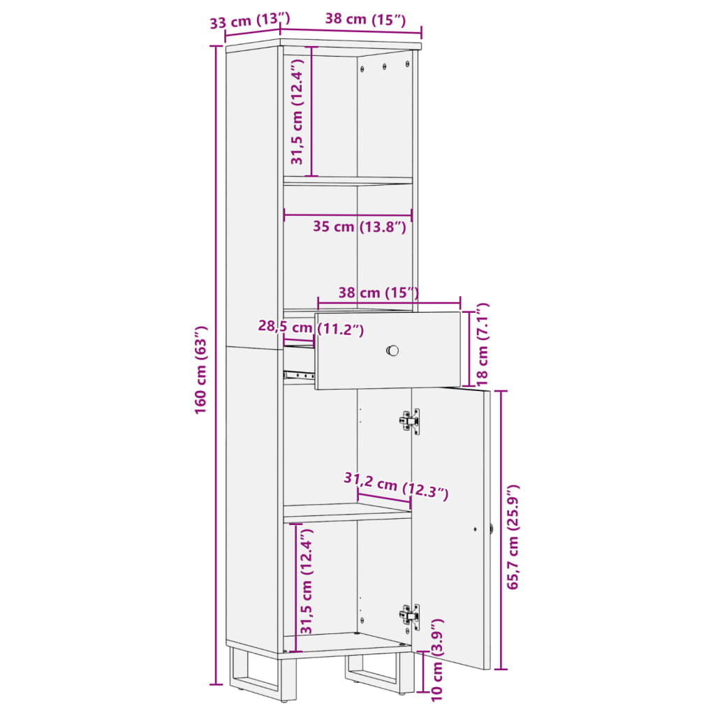 Badschrank 38x33x160 cm Altholz Massivholz