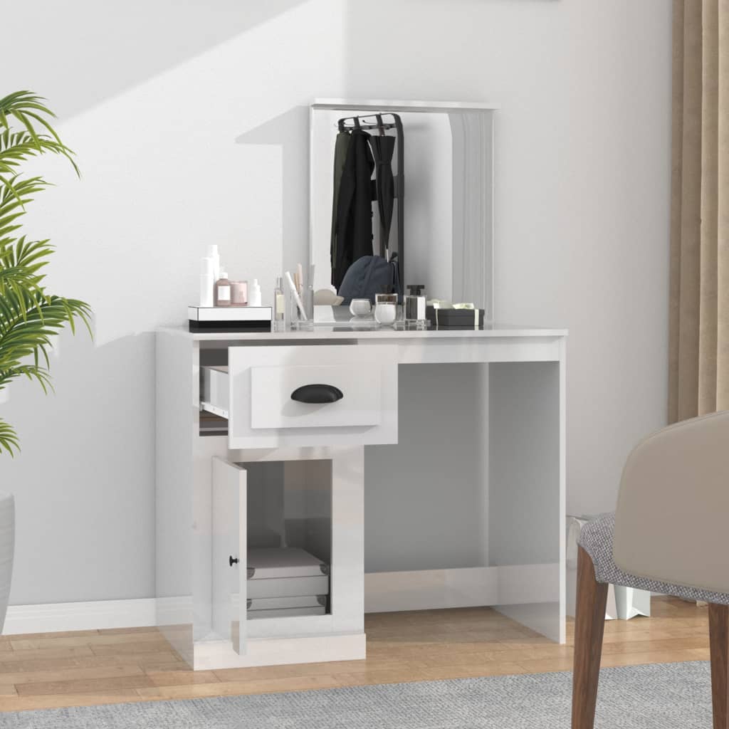 Dressing table with mirror high-gloss white 90x50x132.5 cm