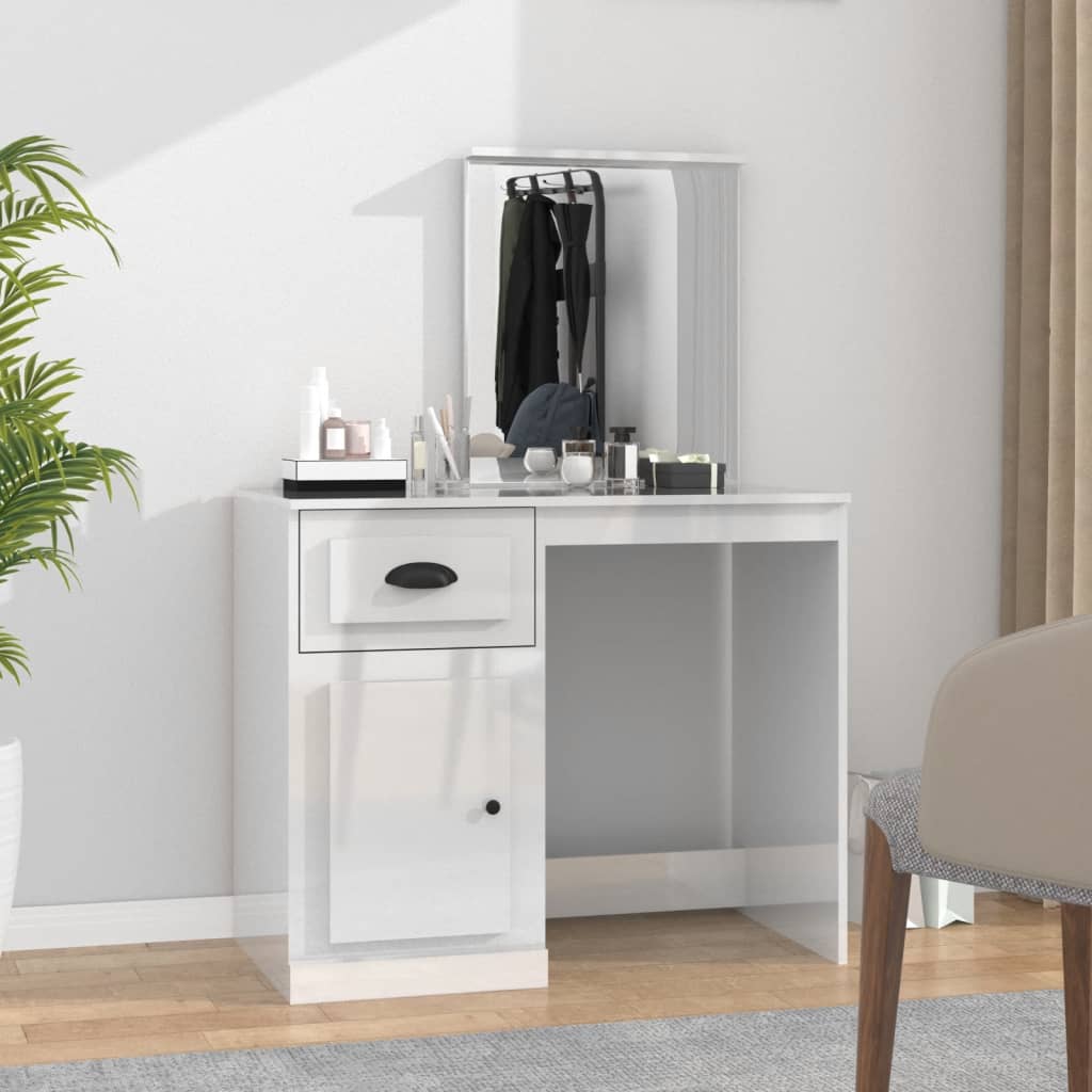 Dressing table with mirror high-gloss white 90x50x132.5 cm