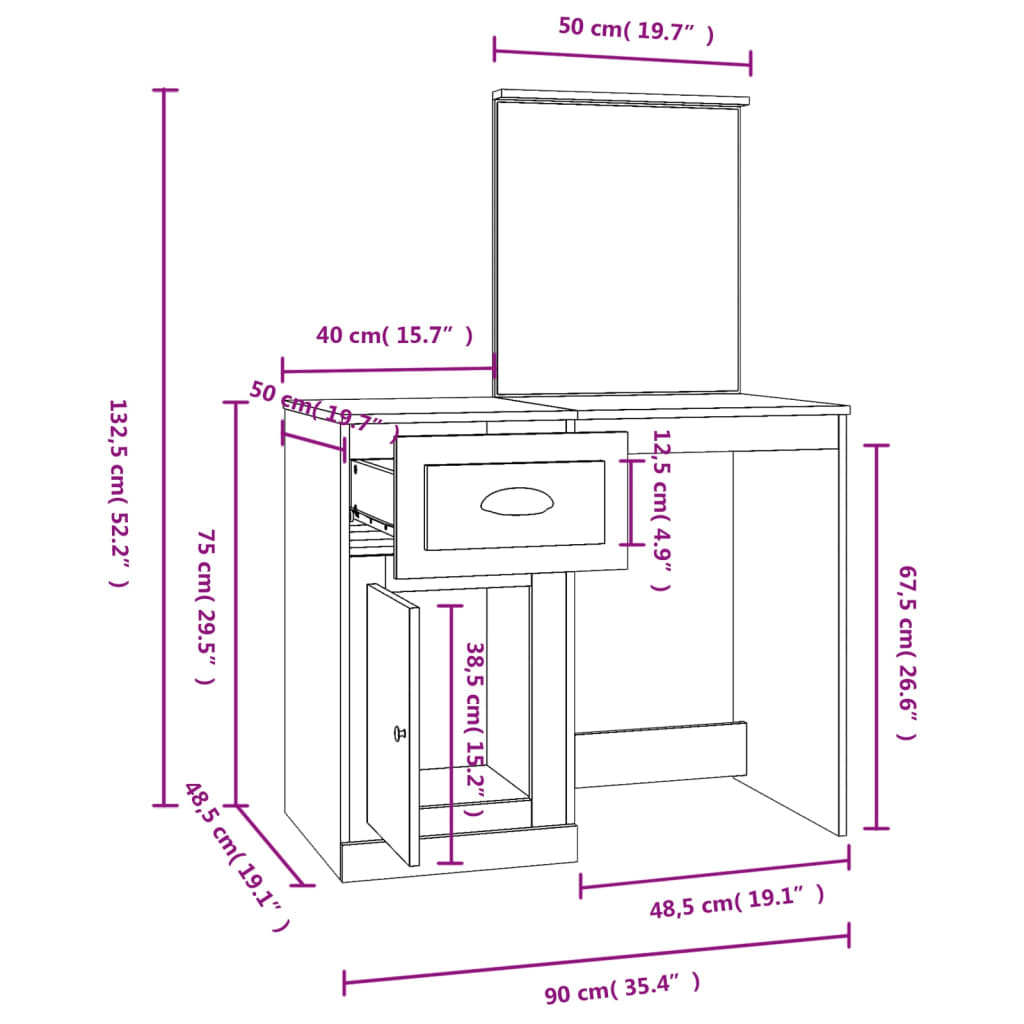 Dressing table with mirror Sonoma oak 90x50x132.5 cm