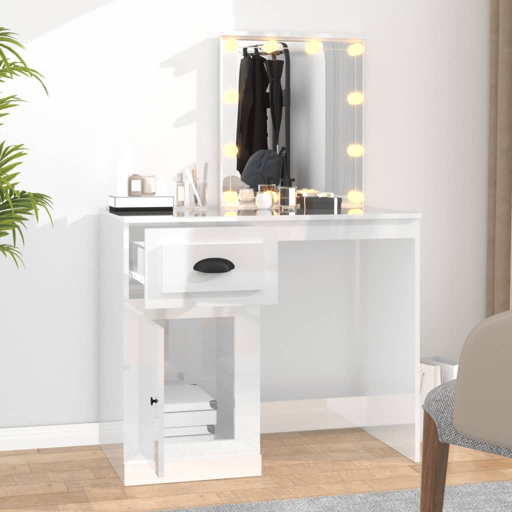 Dressing table with LED high gloss white 90x50x132.5cm wood material