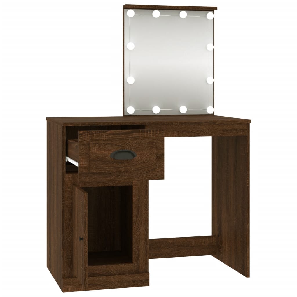 Schminktisch mit LEDs Braun Eiche 90x50x132,5 cm Holzwerkstoff