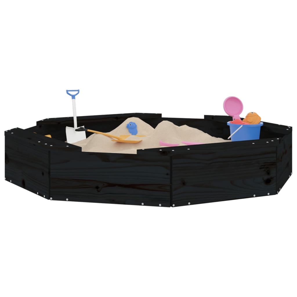 Sandpit with Seats Black Octagon Solid Pine Wood