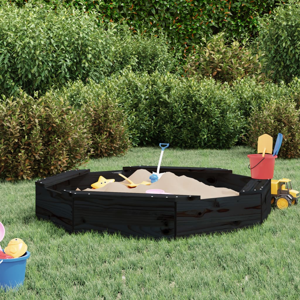 Sandpit with Seats Black Octagon Solid Pine Wood