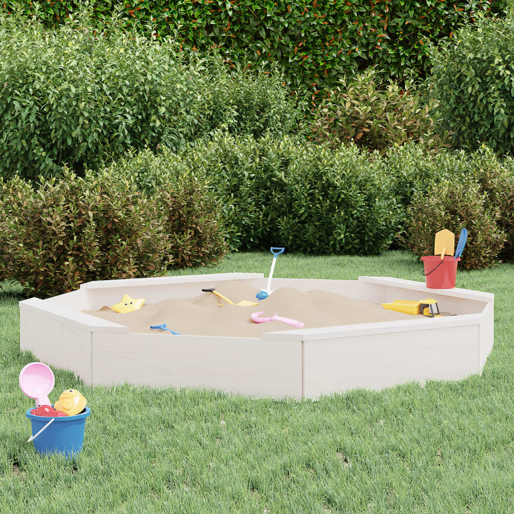 Sandpit with Seats White Octagon Solid Pine Wood