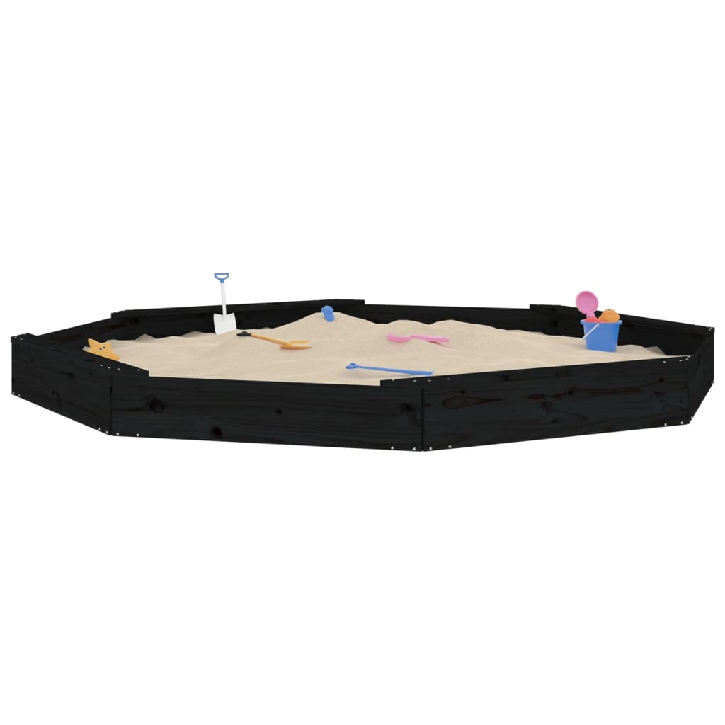 Sandpit with Seats Black Octagon Solid Pine Wood