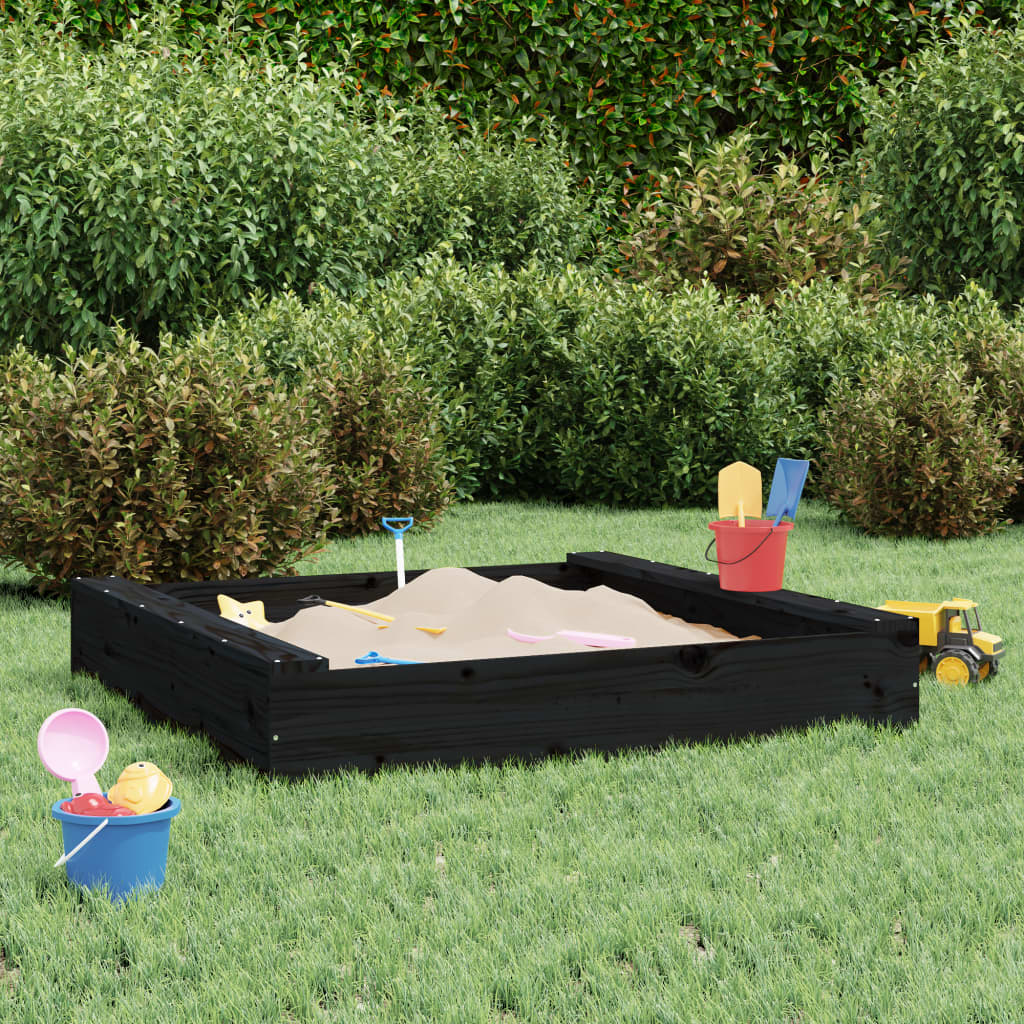 Sandpit with Seats Black Square Solid Pine Wood