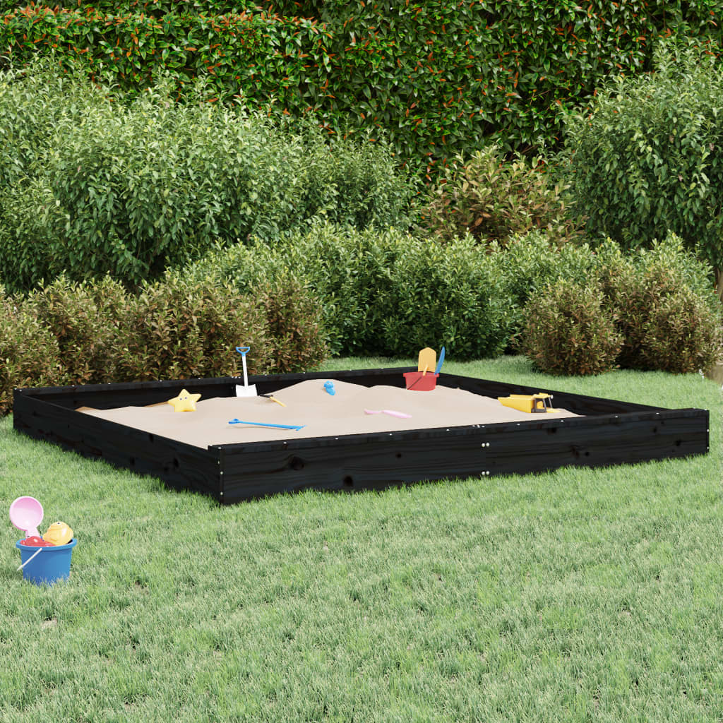 Sandpit with Seats Black Square Solid Pine Wood