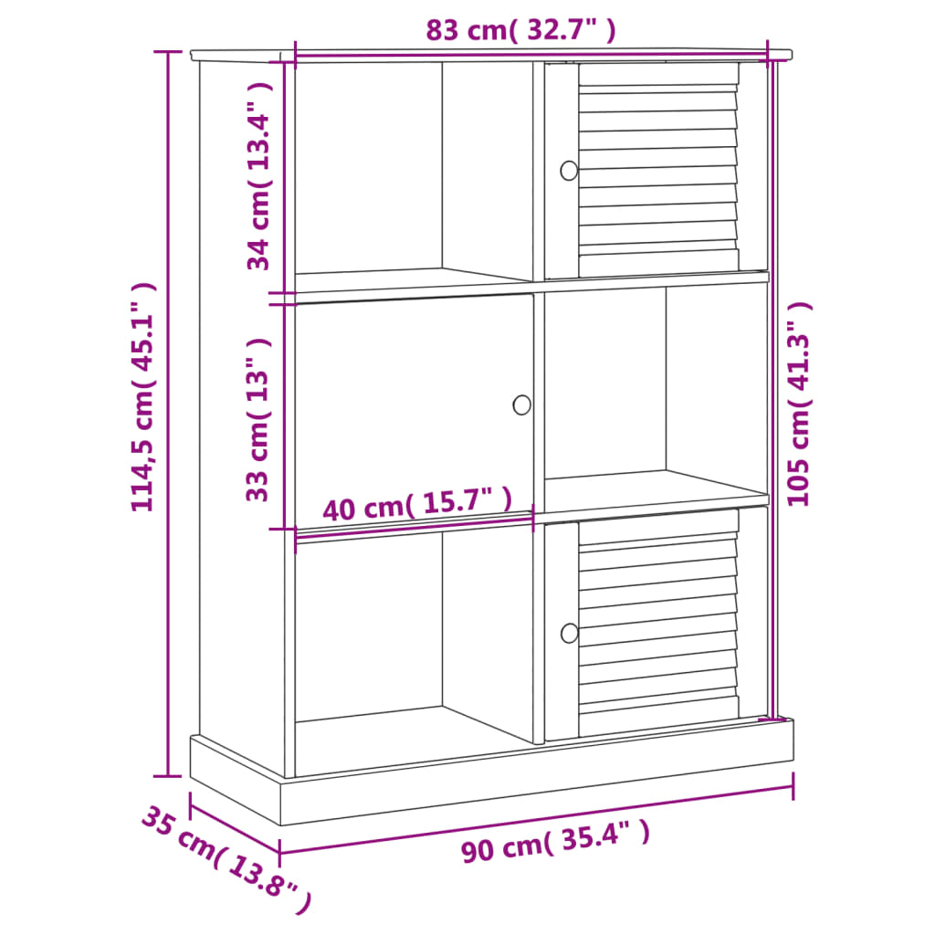 Bücherregal VIGO Grau 90x35x114,5 cm Massivholz Kiefer