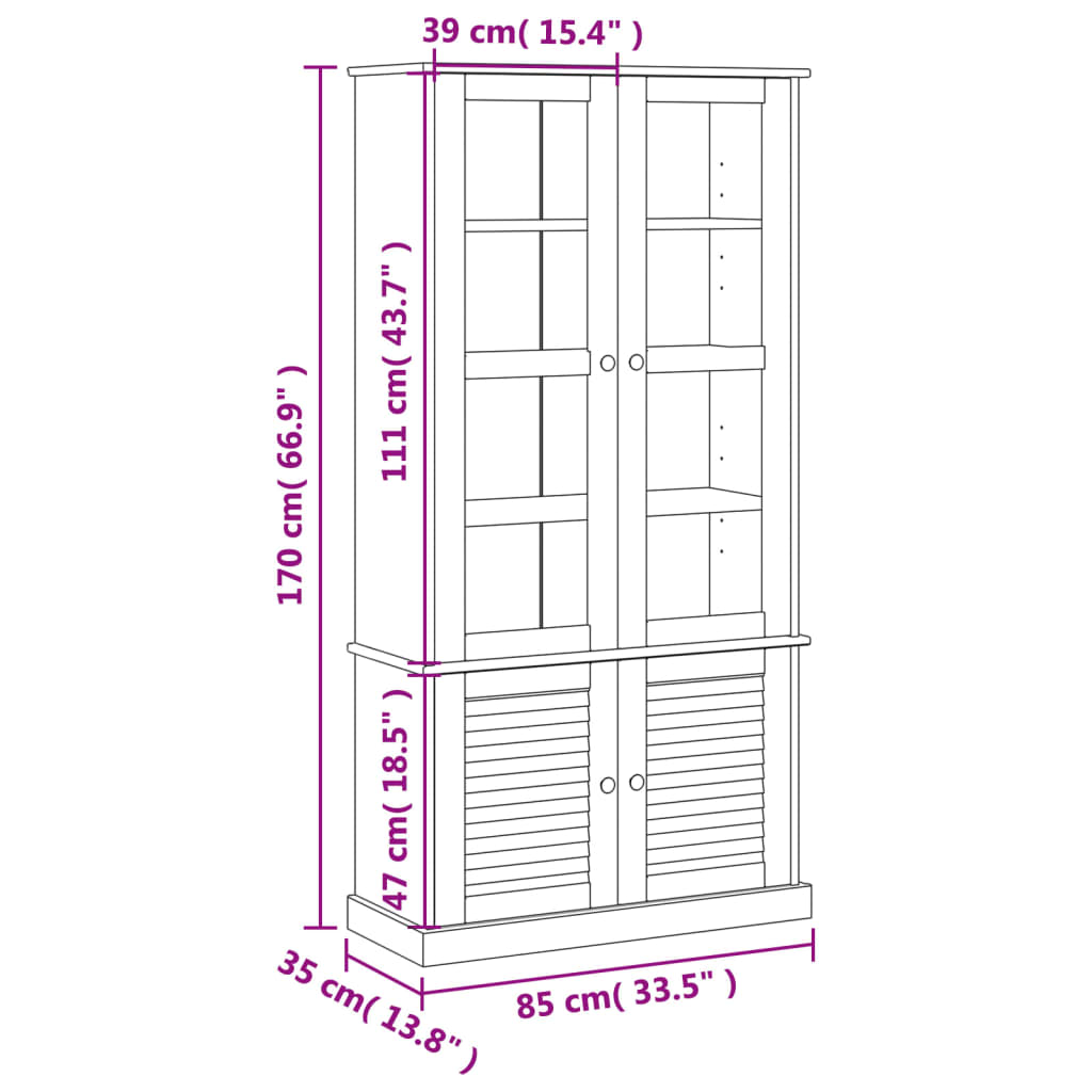 Vitrine VIGO 85x35x170 cm Massivholz Kiefer