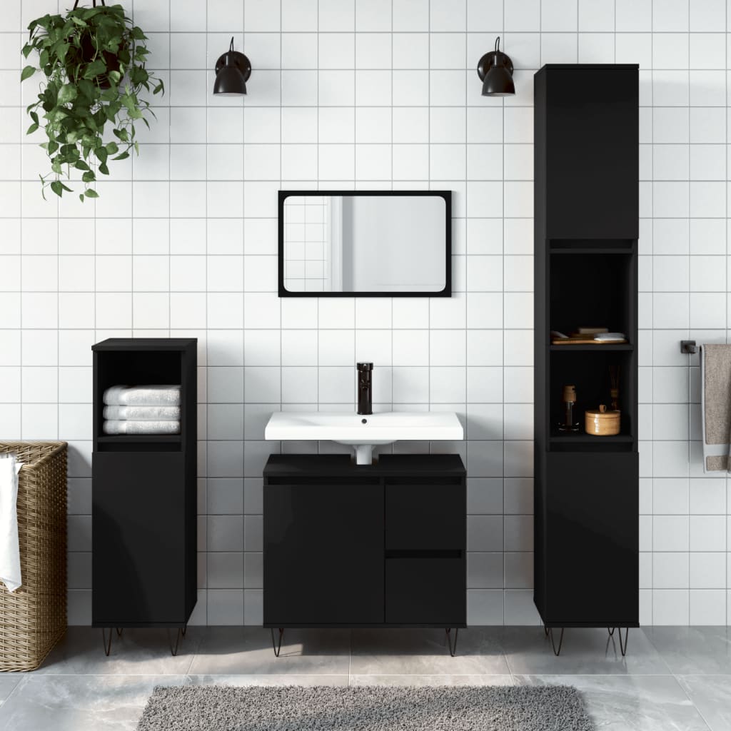 Bathroom cabinet black 30x30x190 cm made of wood