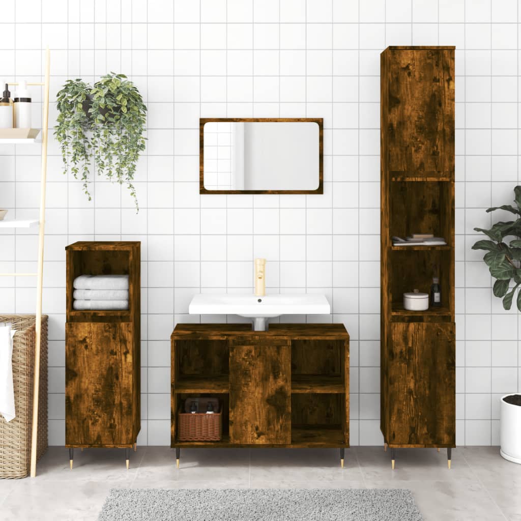 Bathroom Cabinet Smoked Oak 30x30x100 cm Wood Material