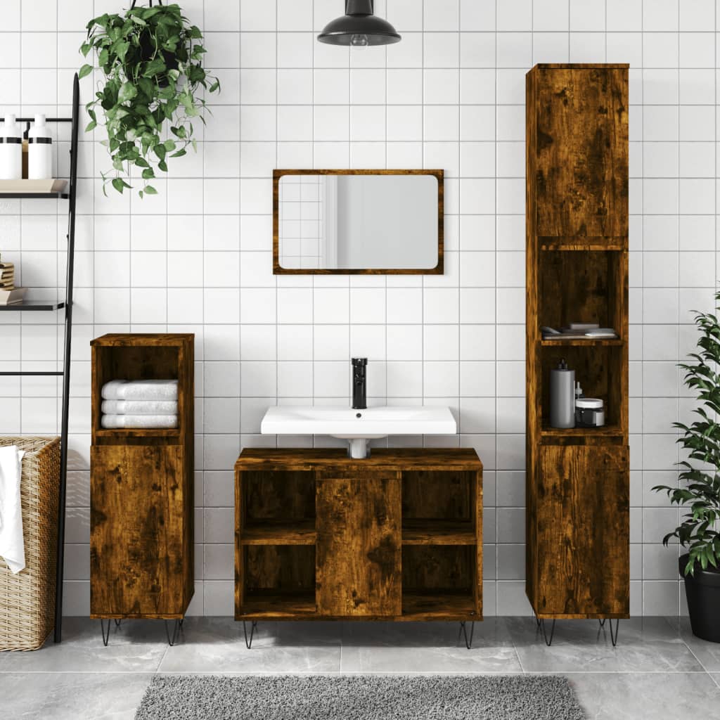 Bathroom Cabinet Smoked Oak 30x30x100 cm Wood Material